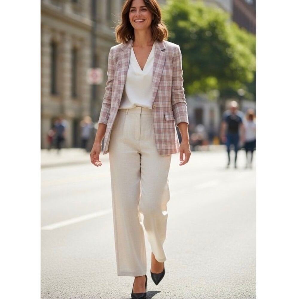 Anthropologie Maeve Relaxed Linen Blend Blazer Jacket Tartan Plaid Blue S - Picture 3 of 3